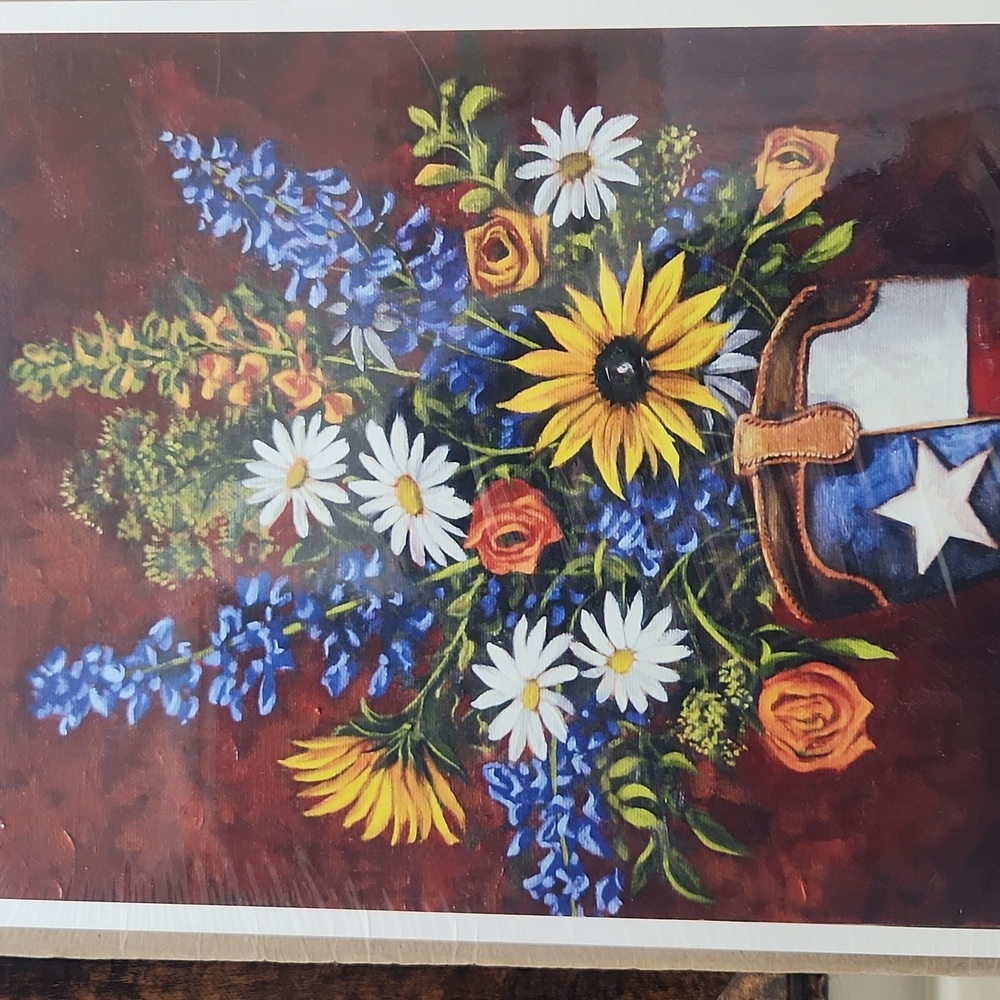11 x 17 Texas Boot Artwork, Bluebonnet, Yellow Roses, Wildflowers Print - Picture 3 of 6